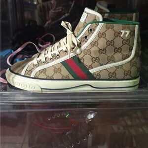 Gucci Beige High-Top Sneakers with Green and Red Stripes